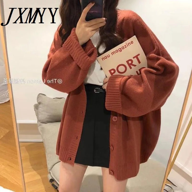 

Cardigan Women Full Sleeve V-neck Solid Button Oversize Retro Lazy Students Korean Style Fashion All-match Simple Sweater Female