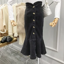 Женская джинсовая юбка в стиле ретро, новинка, весенняя и осенняя однобортная юбка средней длины с оборками, джинсовая юбка с рыбьим хвостом