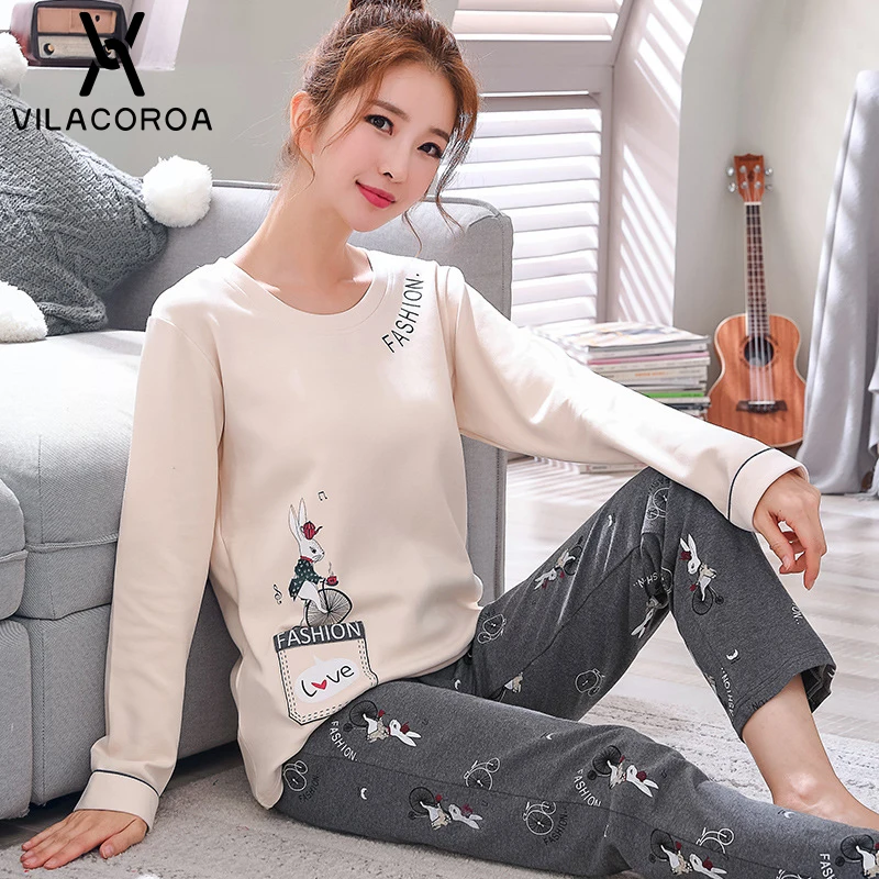 Koop Herfst Winter Katoen Afdrukken Vrouwen Pyjama Ronde Hals Lange Mouw Top Lange Broek Pyjama Set Vrouw Nachtkleding Meisjes Pyjama vrouwen