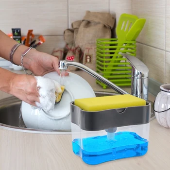 

2 in 1 Soap Pump Dispenser Sponge Holder Dishwashing Liquid Dispenser Container Hand Press Soap Organizer Kitchen Cleaner Tools