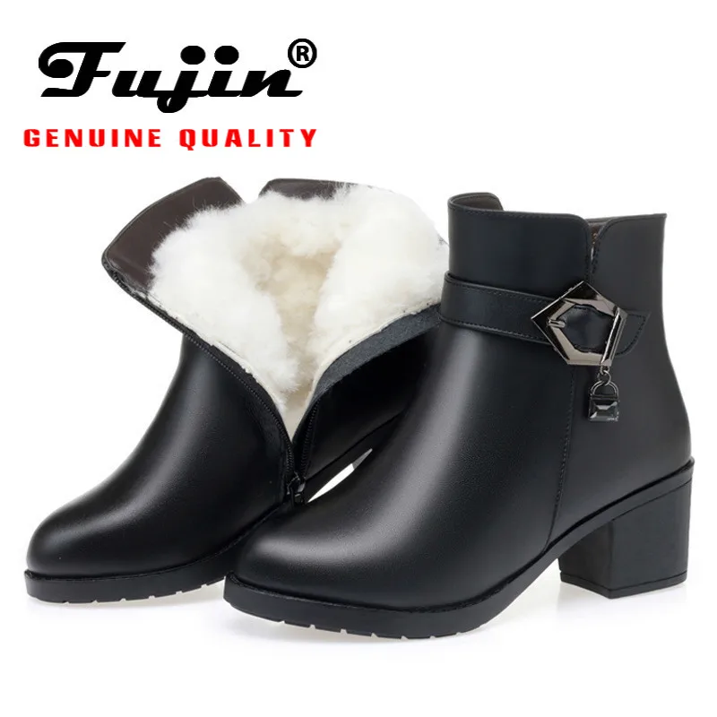 

Fujin Wool Women Warm Snow Boots Genuine Leather Fur Warm Shoes Zipper Plush Thick Ankle Boots Platform Fashion Winter Boots