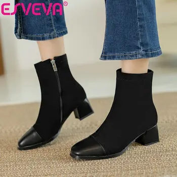 

ESVEVA 2021 Mixed Color Square Med Heel Flock+PU Ankle Boots Women Boots All Match Winter Shoes Black Boots Size 34-43