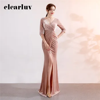 

Velour Prom Gown Sexy V-Neck Split Formal Party Gown DX372-3 Plus Size Elegant Mermaid Robe De Soiree Long Apricot Evening Dress