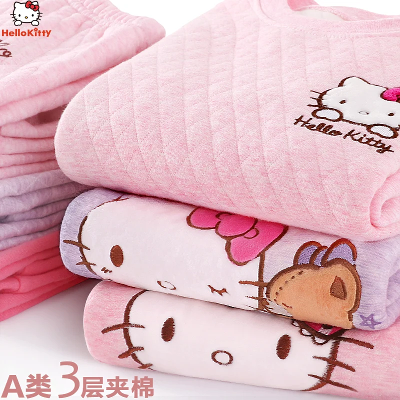 Пижама с кошечкой Китти детское термобелье для девочек, комплект хлопковых зимних теплых плотных пижам одежда с котенком для девочек, пижамы для малышей