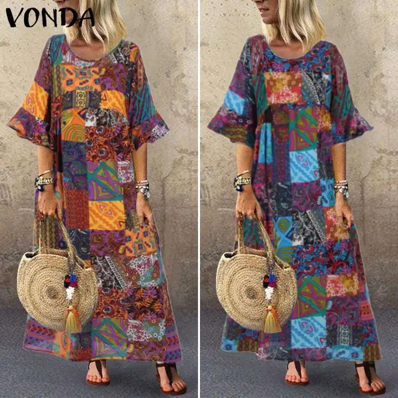 VONDA, макси платье, плюс размер, винтажные, с принтом, длинные летние платья, повседневные, свободные, вечерние, Vestidos Femme, пляжный сарафан, больше размера d Robe