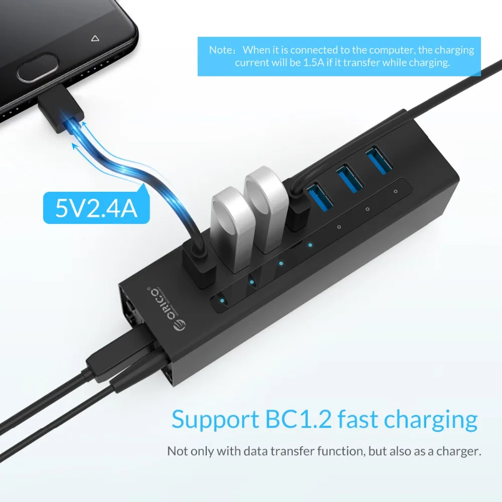 Tanie ORICO 7 Port wysokiej prędkości pulpit USB3.0 HUB obsługuje BC1.2 ładowania z zasilaczem aluminium USB Splitter dla Macbook czarny