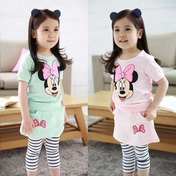 

Girls Fashion Clothes Set Short Sleeve Cartoon T-Shirt Pants 2 Piece Set Children's Clothes Striped Leggings