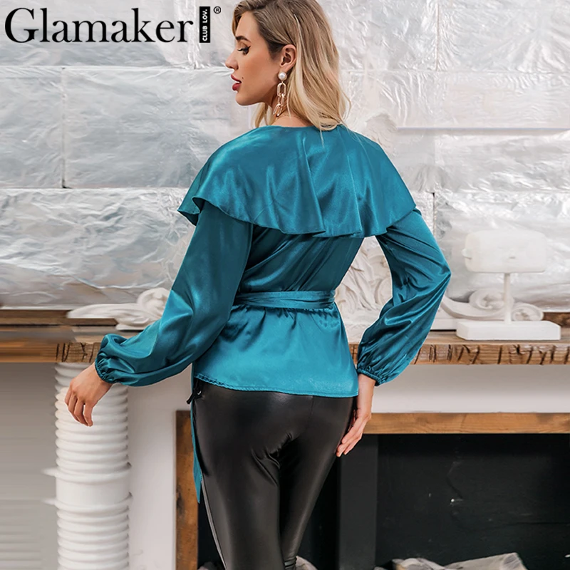 Glamaker, атласная блузка с рюшами в стиле пэчворк, женская рубашка, рукав-фонарик, v-образный вырез, блузка, топ, Женская винтажная офисная одежда, короткий топ