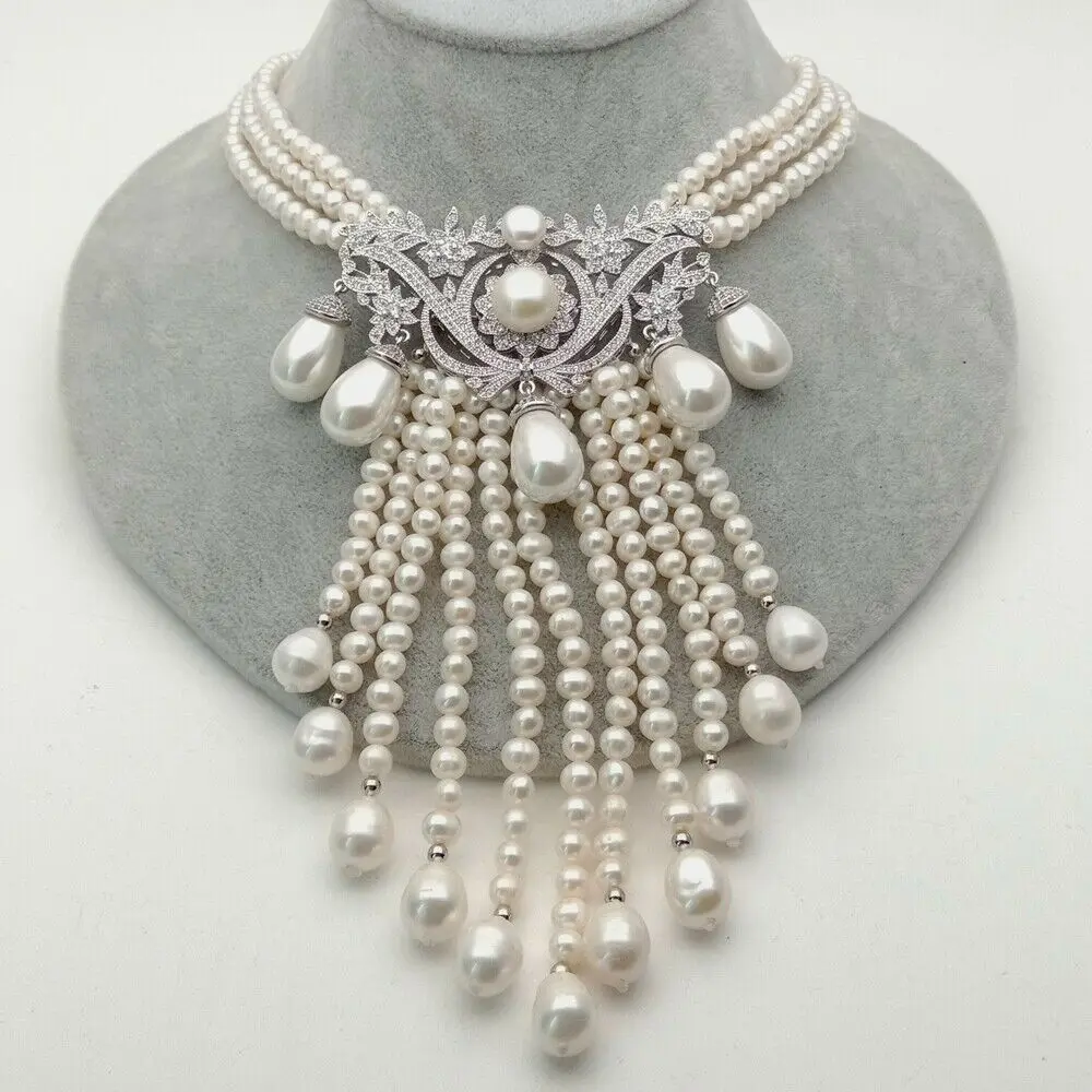 

19" 3 Rows Cultured White Pearl cz White Sea Shell Pearl Pendant