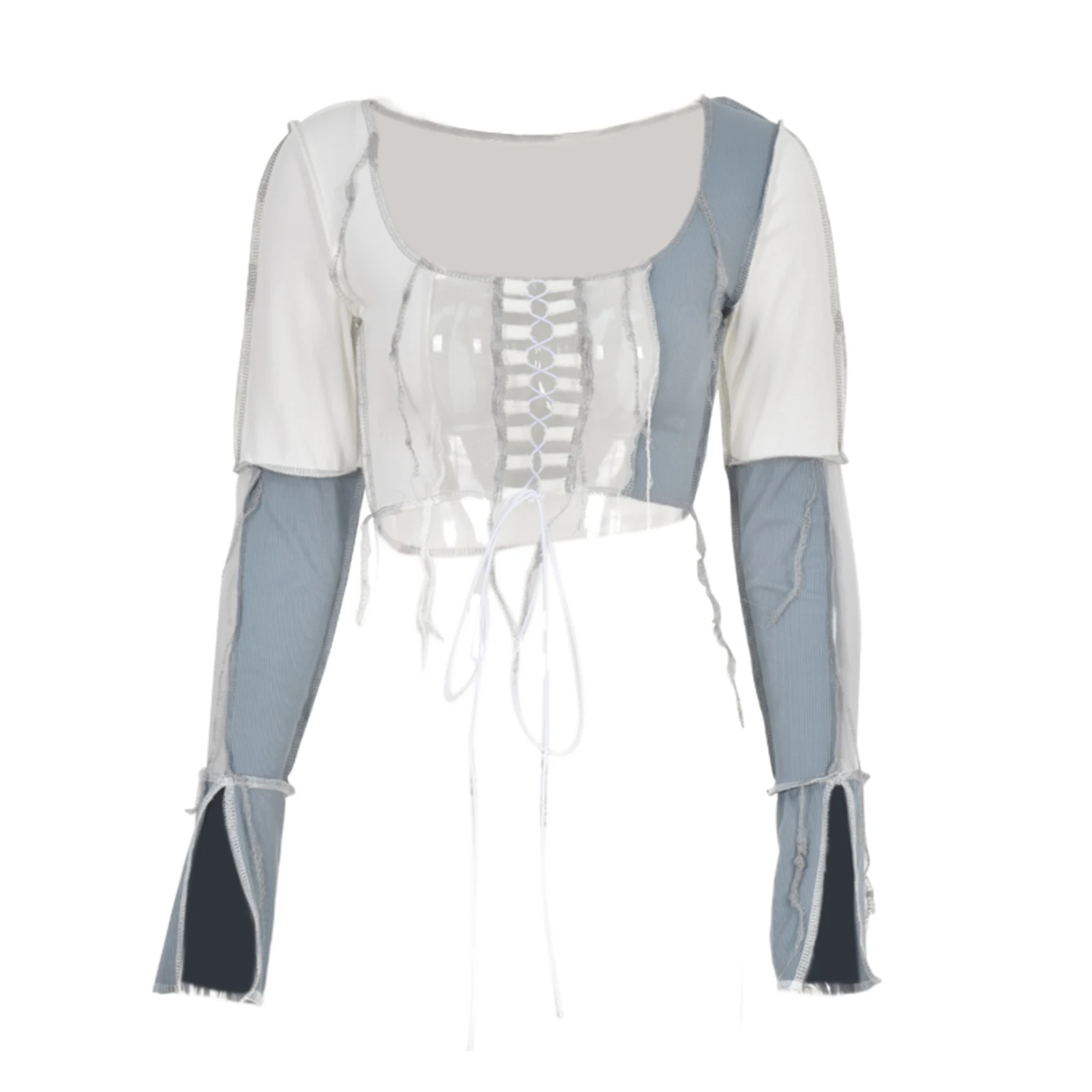 

Women's long-sleeved top sexy lace stitching top short cropped fashion hollow mesh long-sleeved top hot sale