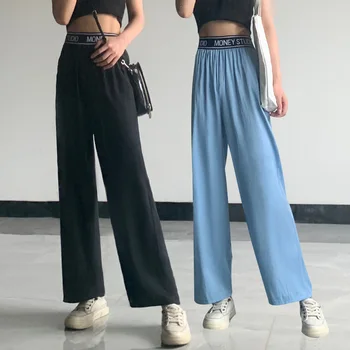 

Mazefeng New Summer Wide Leg Pants For Women Casual Elastic High Waist Fashion Loose Long denim Pants Trousers Femme ultrathin
