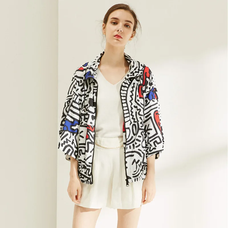 

Coat Women's 2019 Spring And Summer Korean-style Cardigan Sun Protection Clothing Printed Casual Loose-Fit Hooded Jacket Tops