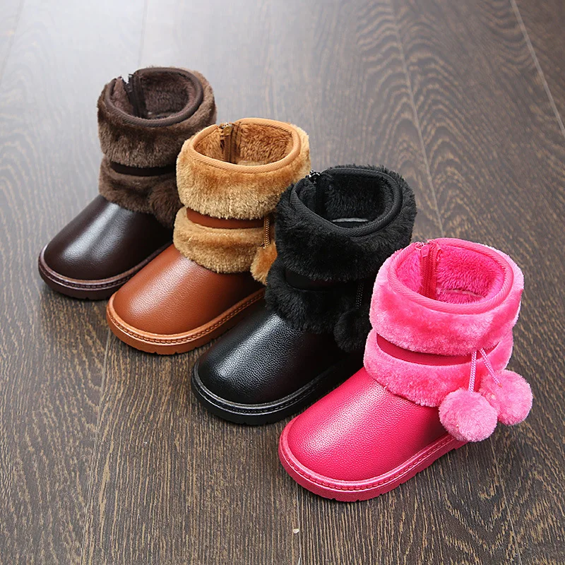 SKOEX/зимние сапоги с помпонами для маленьких девочек; теплая зимняя обувь для девочек; ботильоны для маленьких детей; детская обувь принцессы с меховой подкладкой