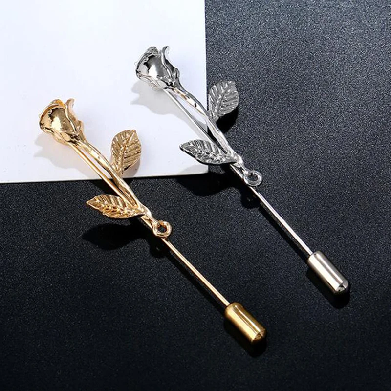 Golden Leaves Rose Brooch For Women And Men's Suit Special Design Men Simple Long Needle Pins Brooches | Украшения и
