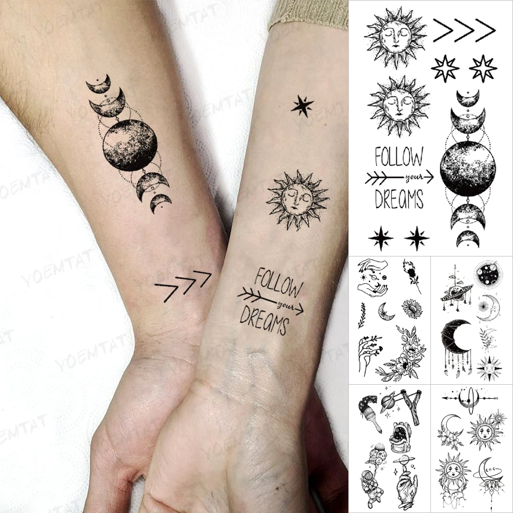 Tatouage Lune Et Soleil Ensemble Tatouage autocollant temporaire imperméable pour enfants, transfert de  tatouages Flash, lune, soleil, étoile, univers, astronaute, femmes, hommes,  Art corporel | AliExpress