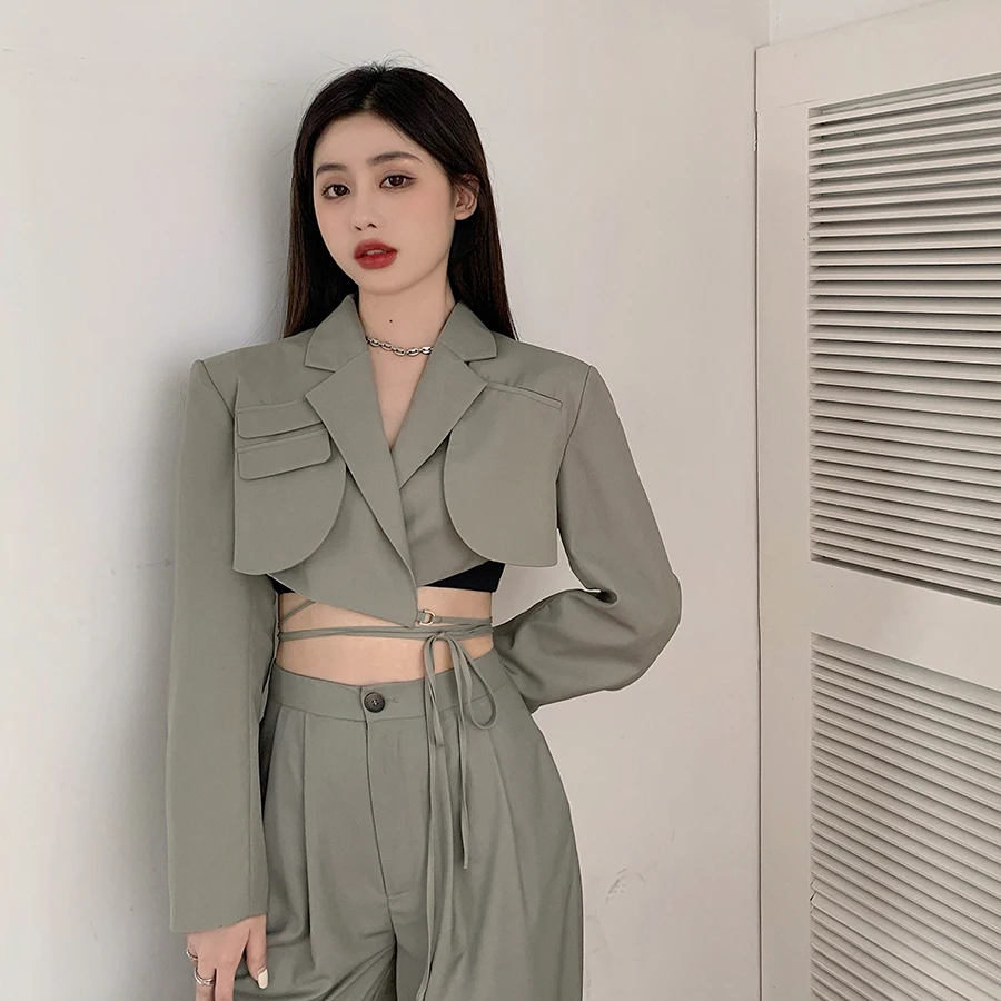 

British style 2020 HOT Women suit High waist wide leg pants and short suit coat Casual female set Two pieces set