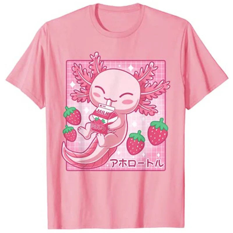 

Kawaii Axolotl Strawberry Milk Shake Carton Japanese Anime T-Shirt
