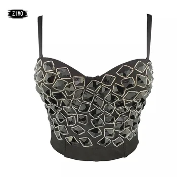

Sexy Womens Punk Bead crop Top Bustier Corset Bra party Club Shaper Corselet rave wedding stage black blue red white rhinestone