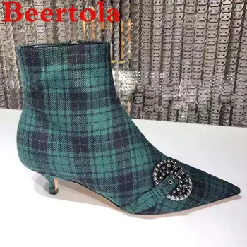 

New Denim Plaid Women Boots Pointed Toe Zip Mid Heels Runway Shoes Women Metal Decor Zapatillas Mujer Mixed Color Booties Femme