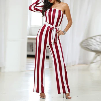 

Women Summer Stripes Jumpsuit Women's Striped Off Shoulder Half Sleeve Jumpsuit Color Block Full Length Rompers