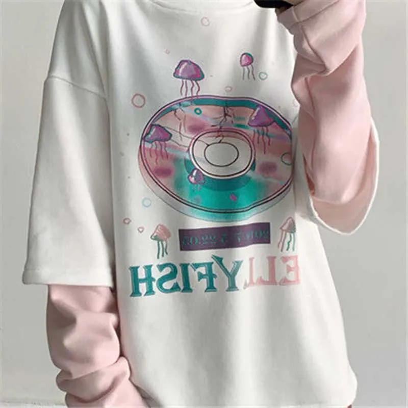 NiceMix Harajuku футболка женская поддельная 2 шт. принт японский Fujiang Ужасы комиксы длинный рукав рубашка Женская Vetement Femme