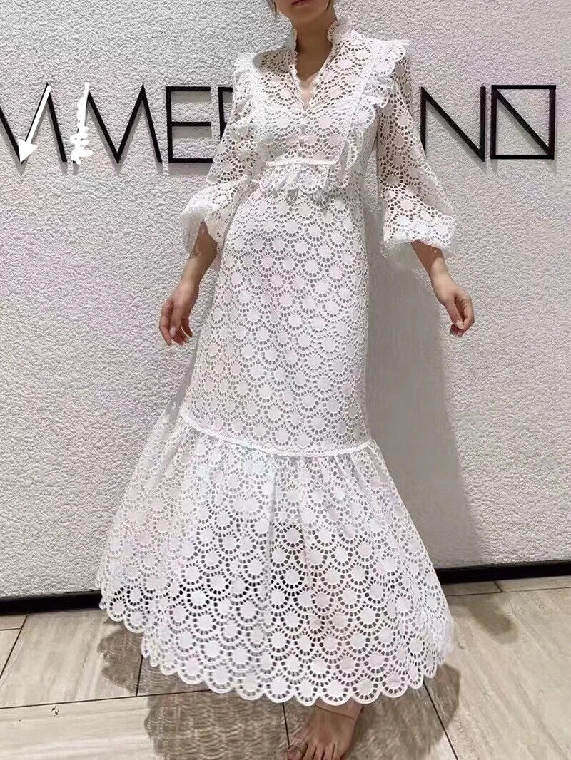 

2019 New Openwork Lantern Sleeve Sexy White Long Dress Women Two-Piece Set Bohemian Fit and Flare Hollow Out Ankle-Length
