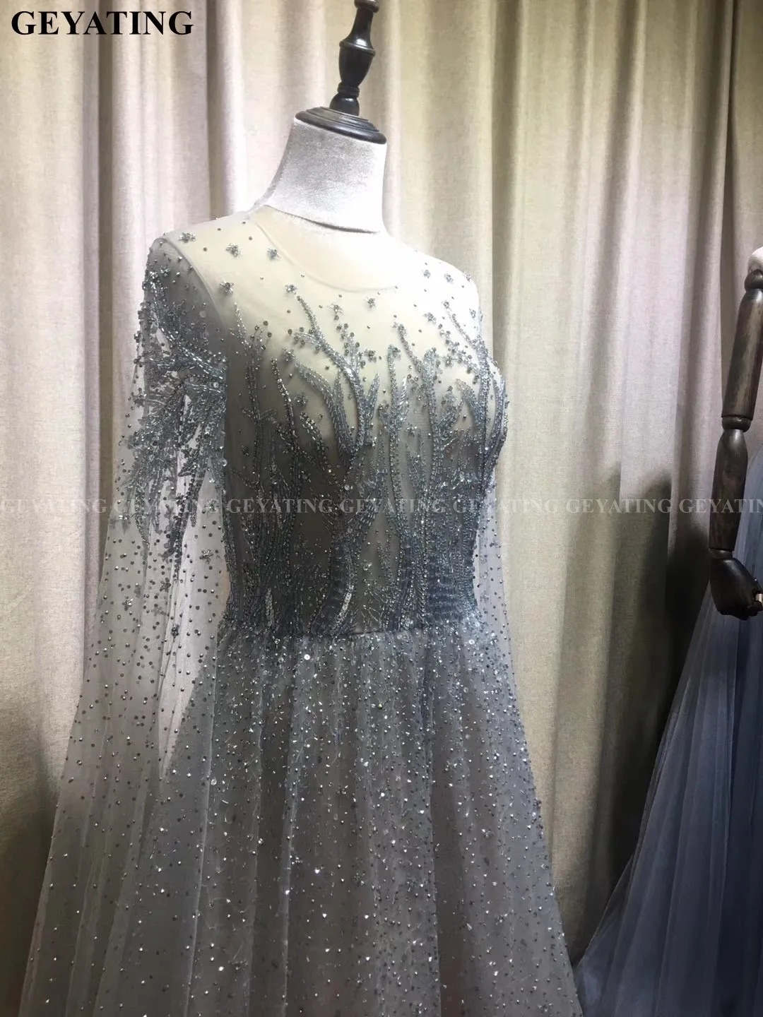 Дубай серый синий кристалл бисером арабский вечернее платье с накидкой рукавом Длинные Выпускные платья Реальное изображение женские вечерние платья