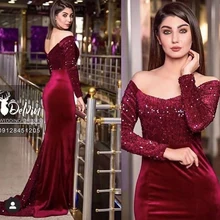 Красное платье выпускного вечера с открытыми плечами с блестками с длинным рукавом бордовые с блестками Русалка Вечерние платья