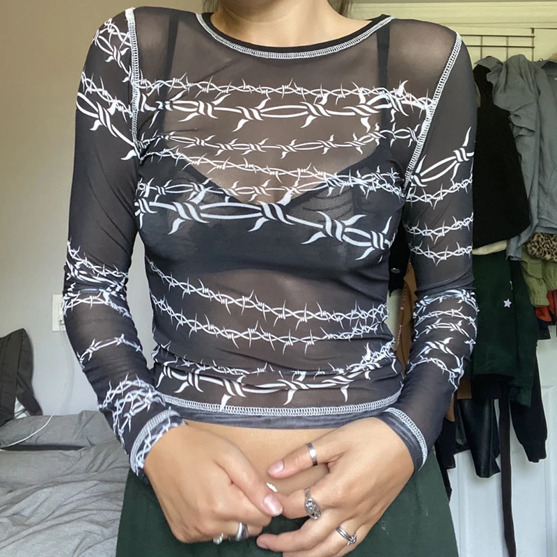 

Gothic White Thorns Graphic Black Mesh Woman tshirts 0-Neck Long Sleeve Harajuku See Through Sexy Tops t shirt y2k Crop Top 2020