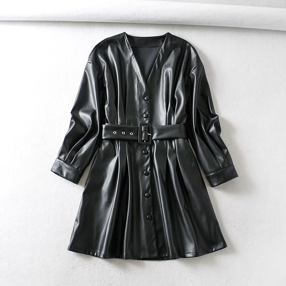 Women Pu Leather Sexy V Neck A Line Dress Office Ladies Long Sleeve Sashes Vintage Elegant Spring Mini Dresses Vestidos | Женская одежда