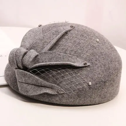 Fibonacci New Fashion Women Beret Fedoras Floral Wool Felt Hat Pearl Mesh Dinner Party Autumn Winter Hats Cap - Color: Gray