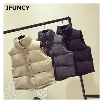 

JFUNCY 2020 Autumn Winter Women Sleeveless Vest Thick Warm Cotton Waistcoat Coat Female Corduroy Short Jacket Parka Outwear