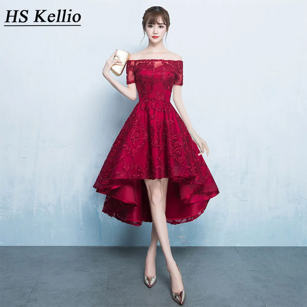 

HS Kellio Bridesmaid Dresses Burgundy Off Shoulder Lace Party Dress High Low Gown Under 50