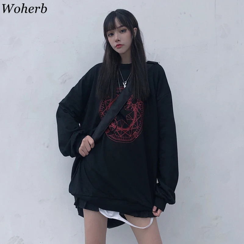 Woherb, Черная Толстовка с принтом, с круглым вырезом, с длинным рукавом, большие размеры, толстовки, женские винтажные свободные топы, корейская мода, уличная одежда 91098