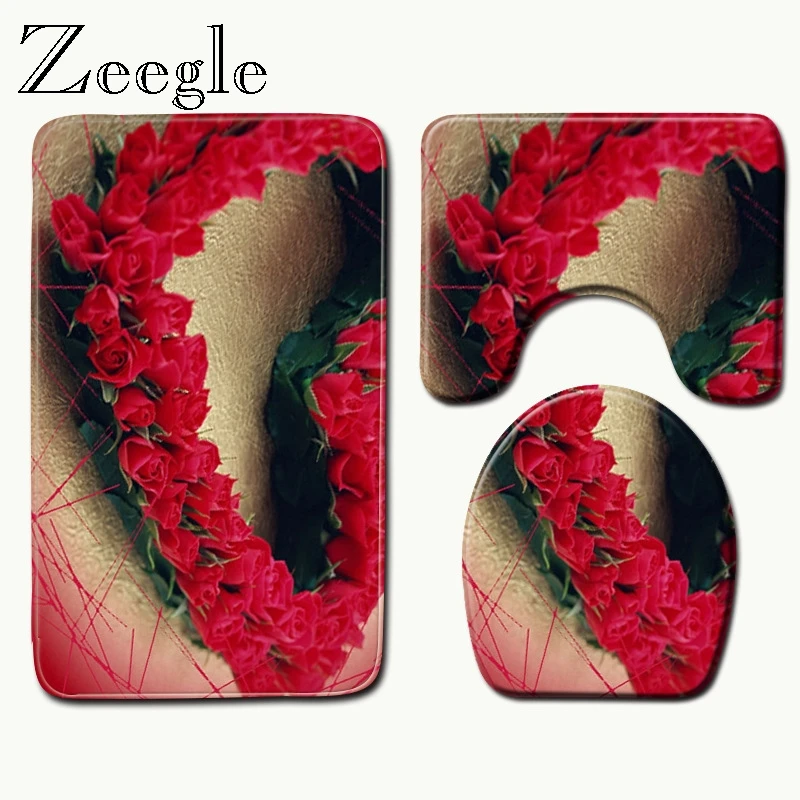 Zeegle 3pcs Printed Non-slip Absorbent Bathroom Bath Mat Set Toilet Floor Rugs Pedestal Carpet Toilet Lid Cover Home Decoration