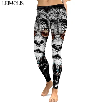 

LEIMOLIS sexy Gothic Handsome lion black print push up leggings plus size women fitness workout punk high waist spandex leggins