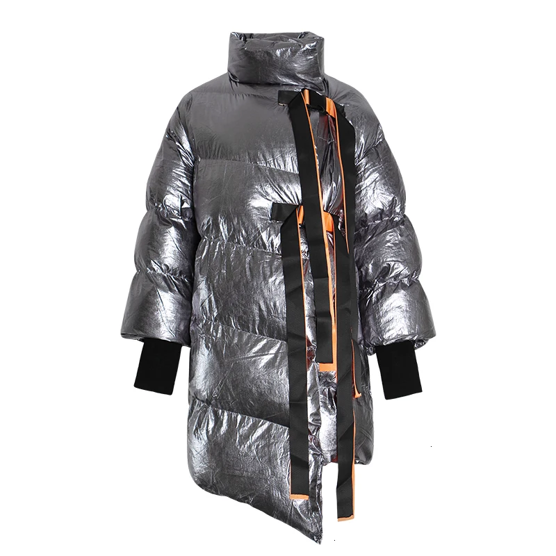 GALCAUR, зимние женские парки, куртка со стоячим воротником, длинный рукав, бандаж, необычное пальто, женская куртка, модная уличная одежда - Цвет: Silver