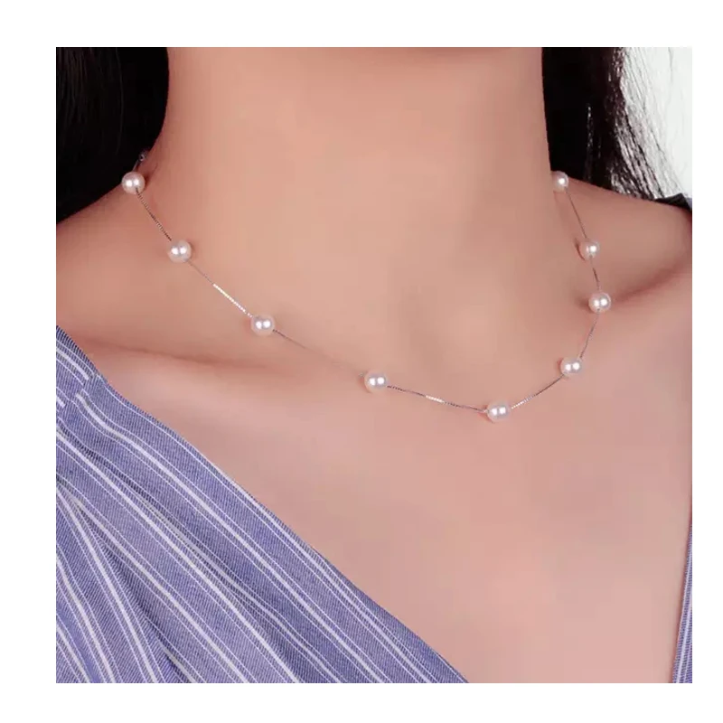 

925 Sterling Silver Jewelry 12 PCS 6mm Pearl Box Chain Choker Necklace kolye collares bijoux femme S-N54
