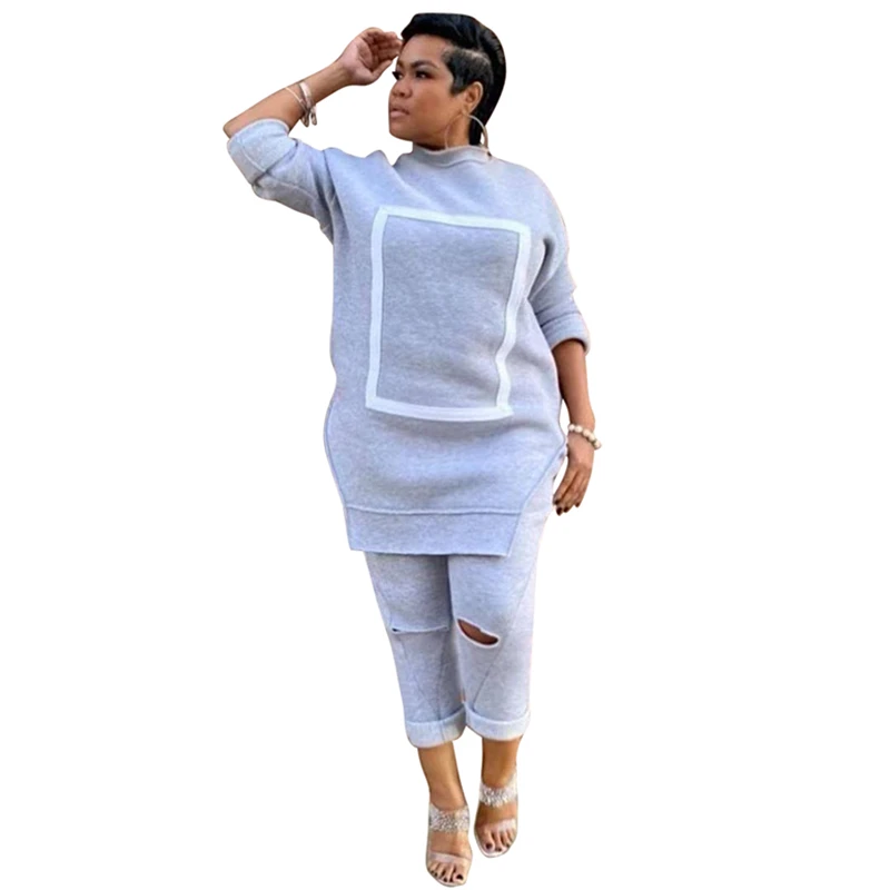 

Womens Casual Plus Size Long Sleeve Stitching Burnt Sweatshirt Two Piece Outfits L284714