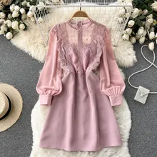 

Spring Summer Luxury Elegant Lace Short Dress Female Patchwork O Neck Lantern Sleeve A Line Vintage Party Dress Vestidos M68178