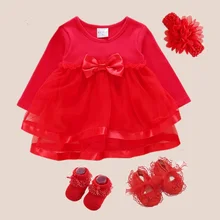 Лидер продаж, платье для новорожденных летняя хлопковая одежда для маленьких девочек в сеточку г., летние платья для маленьких девочек, 3 предмета, обувь+ повязка на голову для крещения на возраст от 3 до 6 месяцев