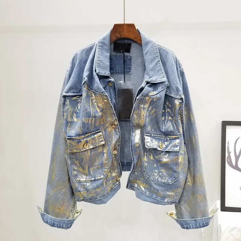 

Autumn Streetwear Fashion Heavy Work Bronzing Denim Jacket Women Vintage Blue Loose Big Pocket Short Jeans Jackets Coat Female