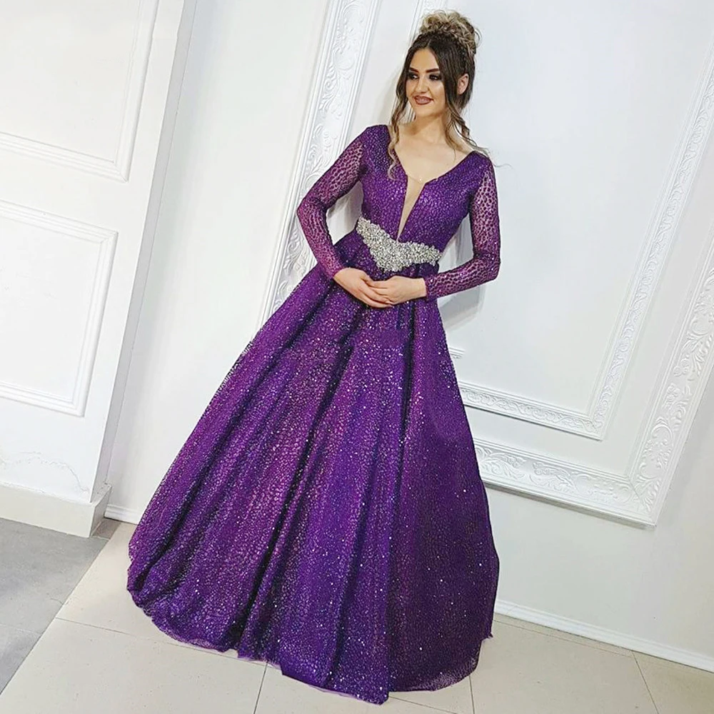 

Arabic Dubai Custom Purple Prom Dresses Vestido Middle East Women Evening Dress Beaded Party Gowns Kaftans 2020 Robe De Soiree