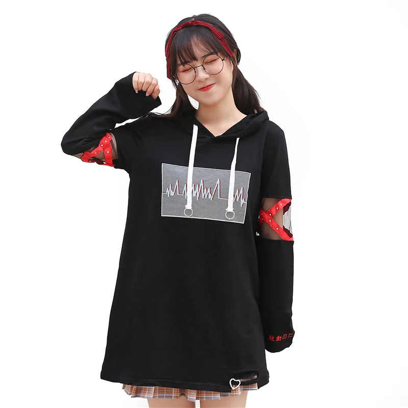 2019 Korea Women Lolita Long Hoodies Japanese Harajuku Fashion ECG Graphic Female White Sweatshirt With Heart Kawaii Gothic Tops 2019 Korea Women Lolita Long Hoodies Japanese Harajuku Fashion ECG Graphic Female White Sweatshirt With Heart Kawaii Gothic Tops