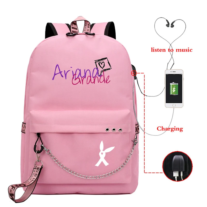 Ariana Grande Printed Casual School Bags Girls USB Charging Backpack Teenagers Daily Laptop Bag College Student Funny Bookbag