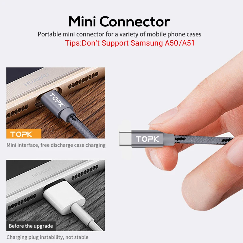 TOPK AN09 USB Type C Cable for Xiaomi Redmi Note 7 Mi 9 Fast Charging Data Sync USB C Cable for Samsung Galaxy S9 Oneplus Type-C