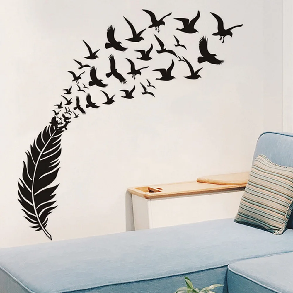 Birds Flying Out Of Feather Decor Vinyl Wall Sticker Bedroom