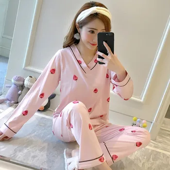 

2020 Spring Autumn 100% Cotton V-neck Pajamas Sets for Women Long Sleeve Print Sleepwear Suit Homewear Pijama Mujer Home Clothes