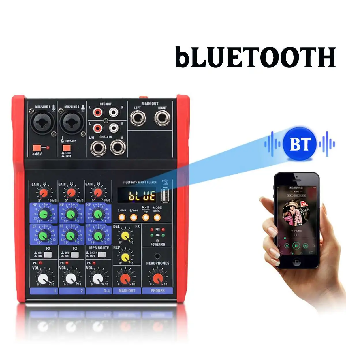Professional 4 Channel Audio bluetooth Mixer USB Console Sound Card Karaoke KTV Stereo Mixing Stage Live Studio Music Mixer DJ Professional 4 Channel Audio bluetooth Mixer USB Console Sound Card Karaoke KTV Stereo Mixing Stage Live Studio Music Mixer DJ