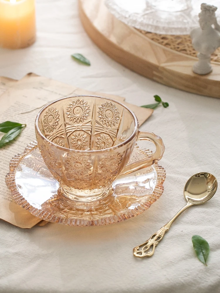 

Vintage Embossed Flower Glass Cup and Saucer Afternoon Tea Dessert Coffee Cup Home European Style Tea Set Palace Style
